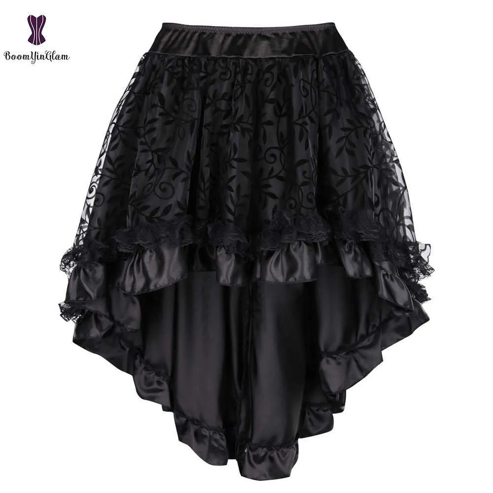 Svart Kvinnors Victorian Asymmetrisk Ruffled Satin Lace Trim Gothic Kjolar Vintage Corsett Steampunk Skirt Cosplay Kostymer 937 # 210629