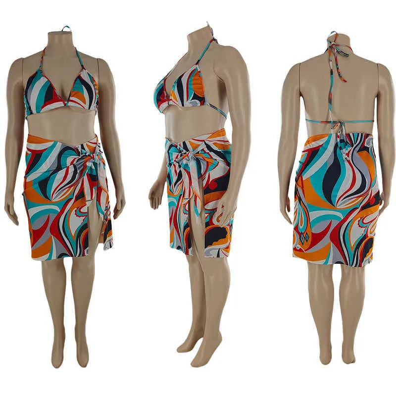 플러스 사이즈 3 조각 비키니 세트 여성 도매 인쇄 높은 허리 와이어 프리 탑 비트 피트 수영복 여름 의류 드롭 210629