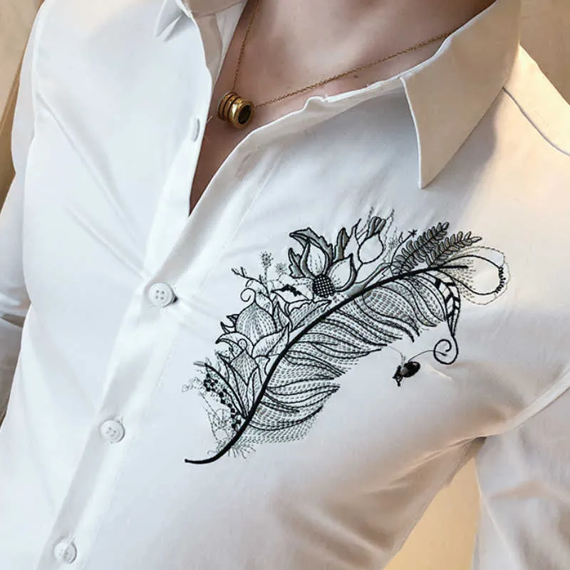 ブランド刺繍入りメンズフォーマルビジネスカジュアルシャツスリムフィット長袖ドレスシャツパーティープロムタキシードストリートウェアソーシャルシャツ210527