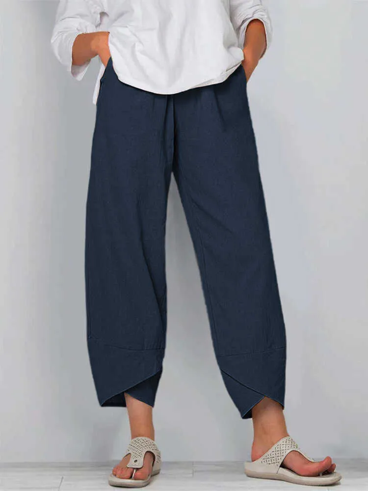 النساء القطن الكتان الحريم السراويل جيب عارضة فضفاض الصلبة مرونة الخصر واسعة الساق خمر سراويل الطباعة زائد الحجم 5xl pantalon q0801