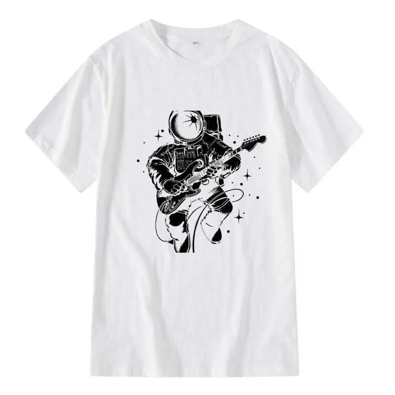 Xin Yi erkek Rahat Yüksek Kalite 100% Pamuk Kısa Kollu T-shirt Komik Astronot Gitar Baskı Oynamak Mentshirt O-Boyun T-shirt Erkekler X0621