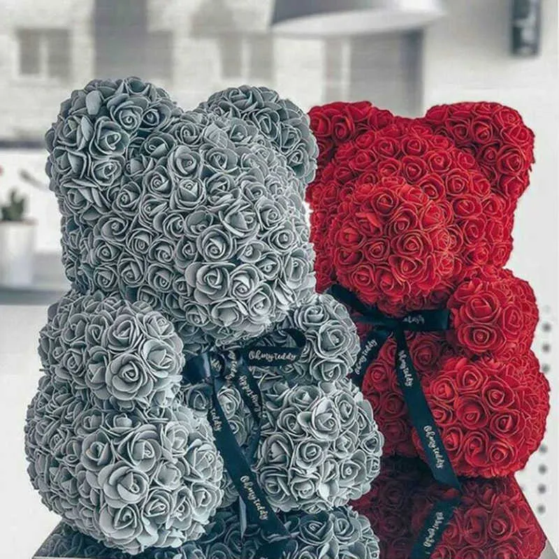 Drop 40cm Red Teddy Bear of Rose Flower Artificial Christmas Gift Box for Women Valentine's Day Gift Plush 210624