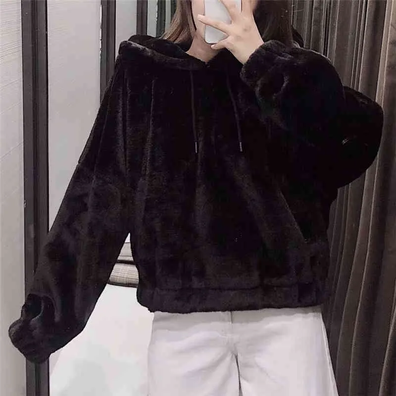 Causal Women Solid Faux Fur Hoodies Winter Fashion Ladies Hooded Loose Tops Streetwear Chic Female Soft Warm Thick 210427