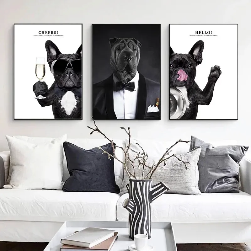 Lustige Tier Leinwand Malerei Hund Tragen Sonnenbrille Kleidung Poster Druck Schwarz und Weiß Nordic Wand Kunst Bilder für Wohnzimmer 7571832