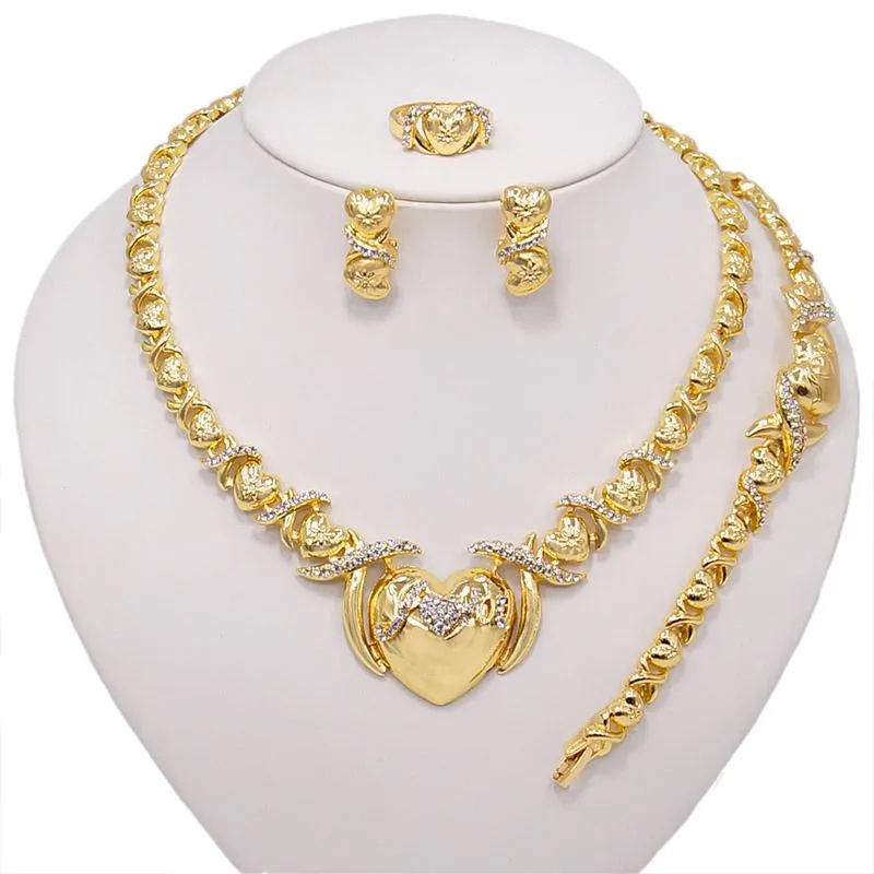 Earrings & Necklace Wedding Jewelry Set XO Heart Gold Color Crystal Nigerian African Beads Sets Gifts For Women265n