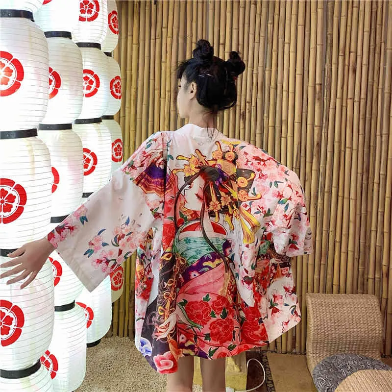 Kimono suelto con estampado de dígitos de verano en es, blusa de mujer, cárdigans tipo kimono, ropa de playa de estilo chino, camisetas con cinturón M292 210423