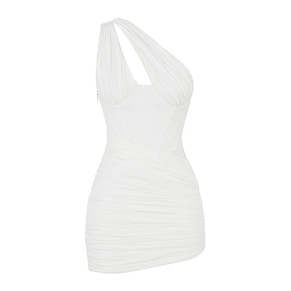 Haute qualité Sexy une épaule Mini robe été blanc femmes sans manches drapé mode serré fête 210525