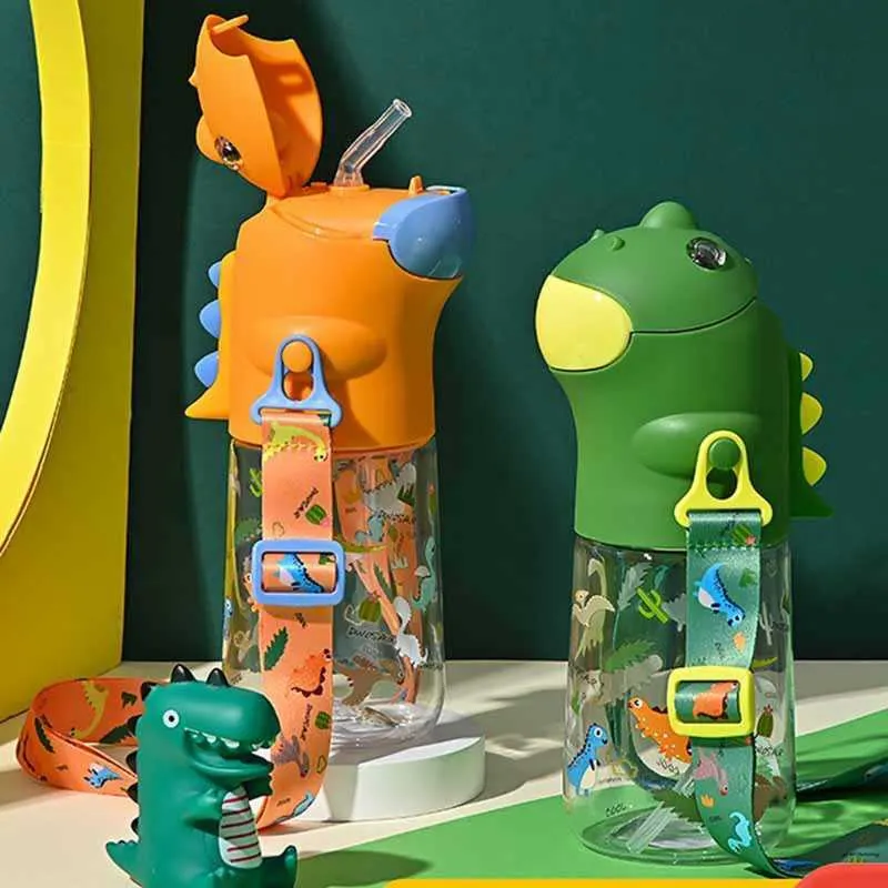 Y8AB 560 ml dessin animé dinosaure enfants bouteille d'eau avec bandoulière en paille bouilloire scolaire 211013