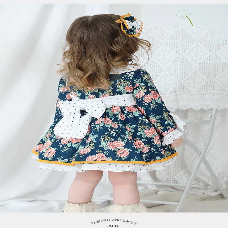 Lente Lolita Style Kids Meisjes Jurk Floral Bow Patchwork met sjerpen Kinderen Leuke kleding E065 210610