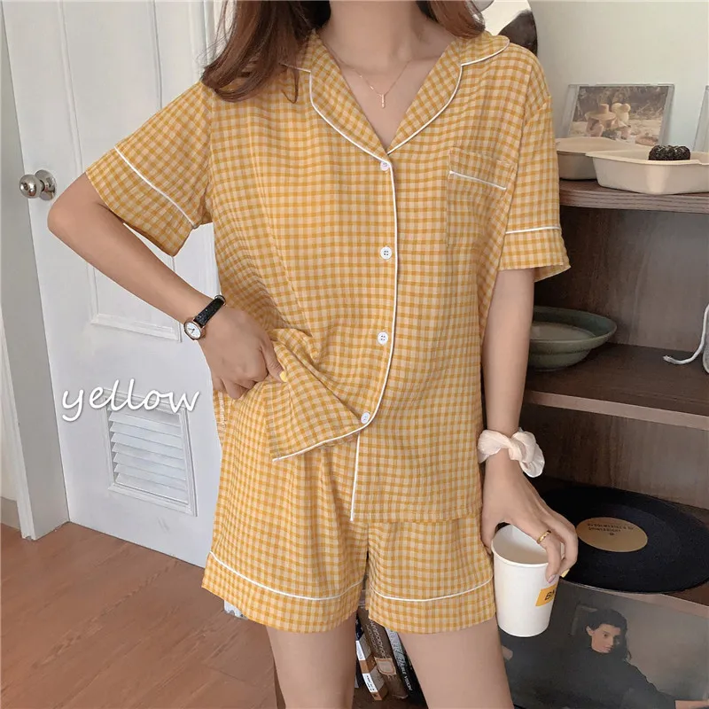 Fashion Femme Chic Women Loose Sleepwear Casual Cotton Plaid All Match Girls Set di pigiami geometrici 210525