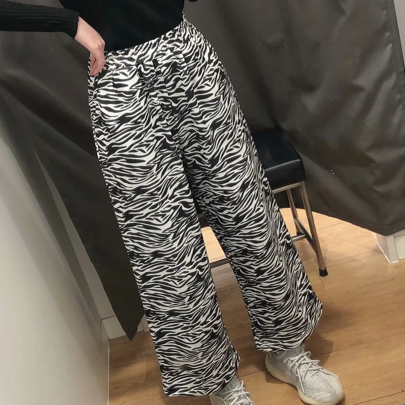 Kvinnor Vår Höst Vintage Wide Ben Byxor Elastisk Midja Zebra Skriv ut Loose Kvinna Fashion Street Byxor Kläder 210513