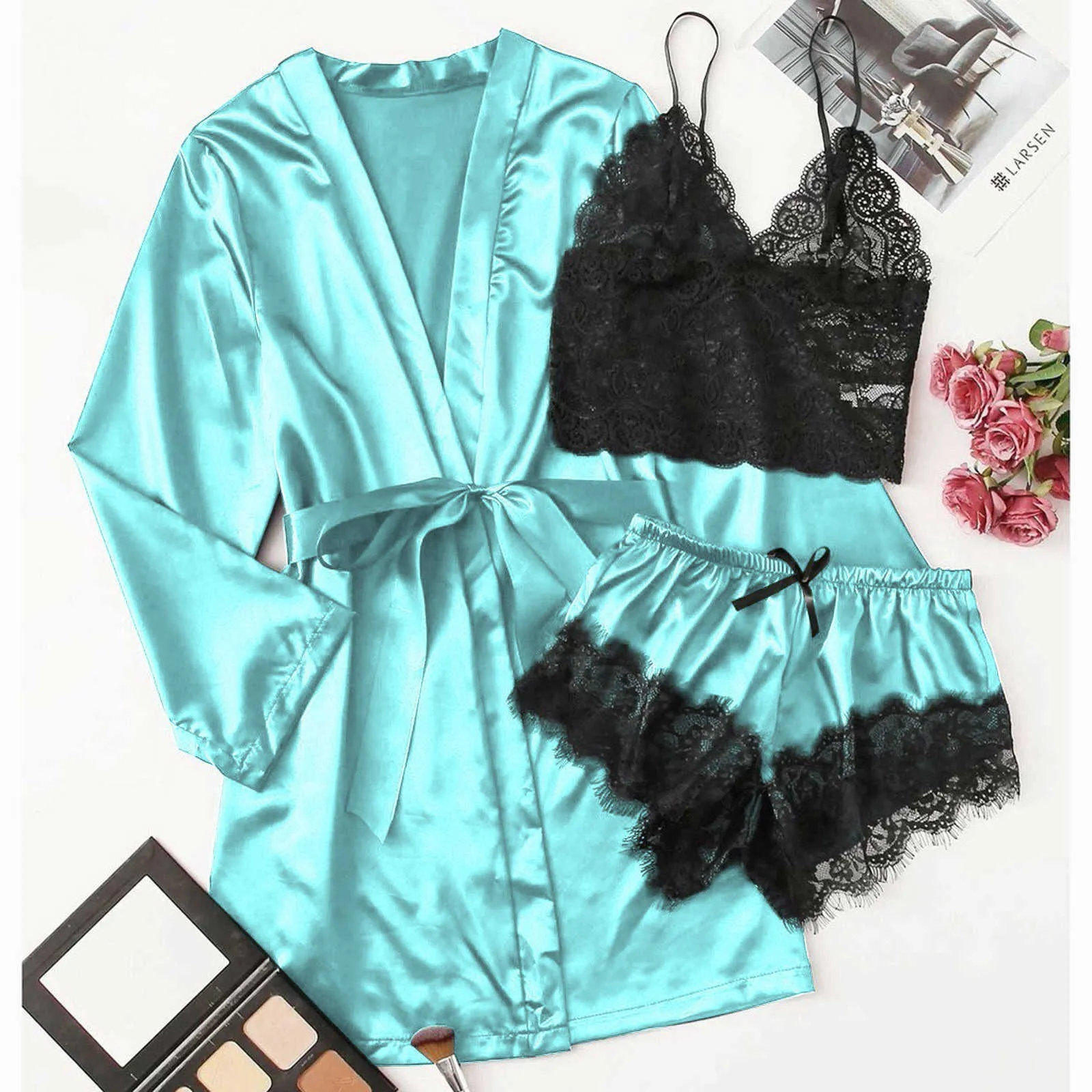 Long Sleeve Nightie Womens Pajamas Sexy Lace Lingerie Nightwear Underwear Sleepwear Menina Suit Pajama Sets Pijama Mujer Q0706