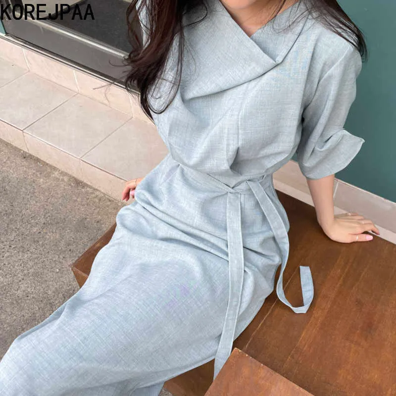 Korejpaa mulheres vestido verão coreano elegante luz design maduro decote solto lace-up bolha mangas split camisa longa vestidos 210526
