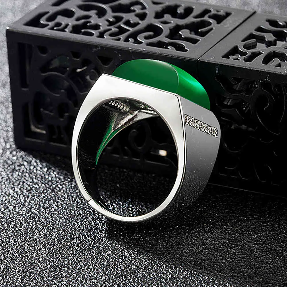 Vintage fashion Big square green jade gemstones bague white gold silver color zircon diamonds rings for men party accessory gift