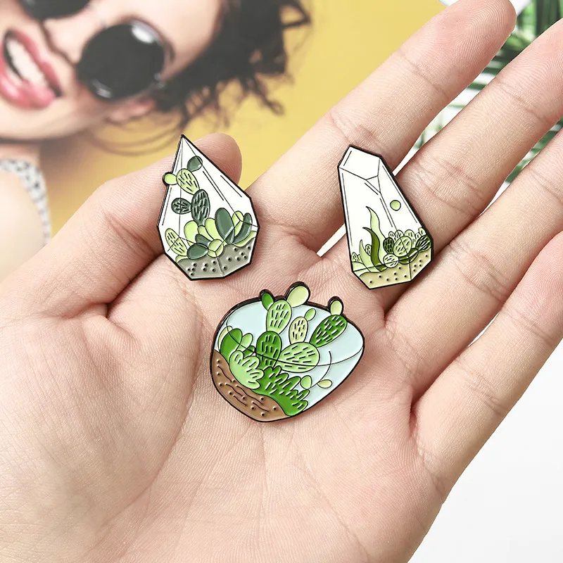 Cartoon Glas Ingesloten Potplanten Pins Cactus Aloë Badge Broches Voor Unisex Kinderen Anti Licht Gesp Kleding Pin Mode Acc3110