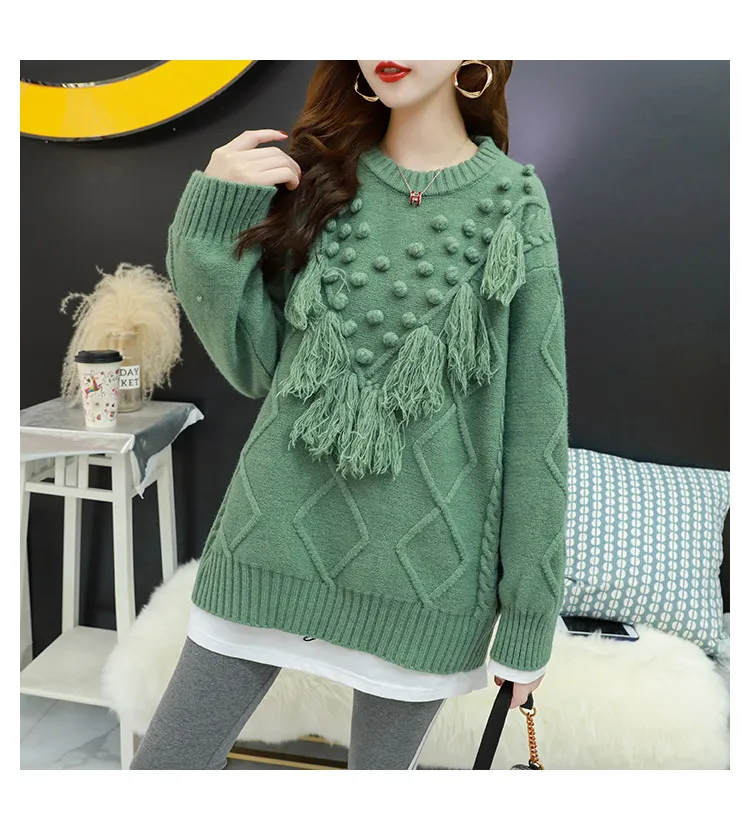 Frauen Winter Pullover Oneck Rüschen Tassle Pull Pullover Tops Grün Gelb Stricken Hässliche Pullover Weihnachten Pullover 210430