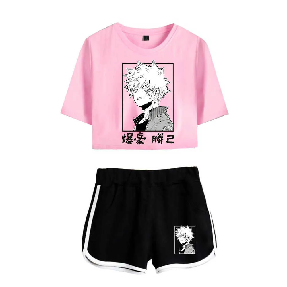 Hot Cute Print My hero academia Exposed Navel White T-shirt + Black Shorts Ensembles deux pièces pour femmes Casual Girl's Summer Suits Y0702