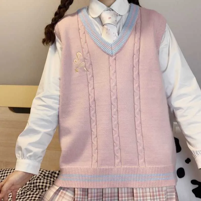 Japão Rhombus Sweater Colete Preppy Kawaii Feminino Outono Inverno Bonito Casaco Rosa Casaco Solto Knit Student Cool Streetwear 210526
