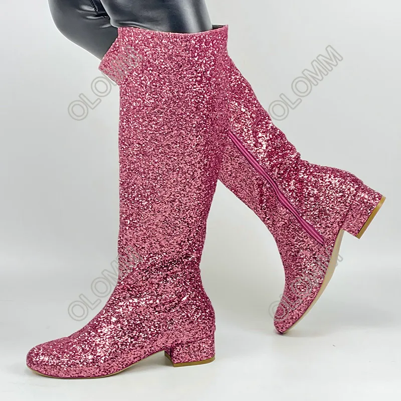 Olomm fait à la main femmes hiver paillettes bottes au genou unisexe talons épais bout rond or noir argent Fuchsia chaussures de fête taille américaine 5-20