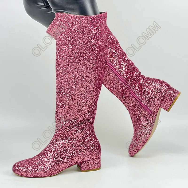 Olomm handgemaakte vrouwen winter glitter knie laarzen unisex dikke hakken rond teen goud zwart zilver fuchsia feestschoenen ons maat 5-20