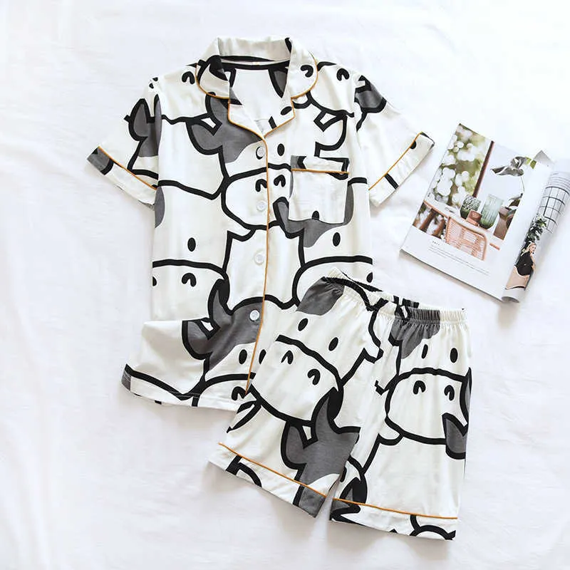summer couple pure cotton short-sleeved shorts pajamas two-piece cute calf female loose simple home service set male 210809