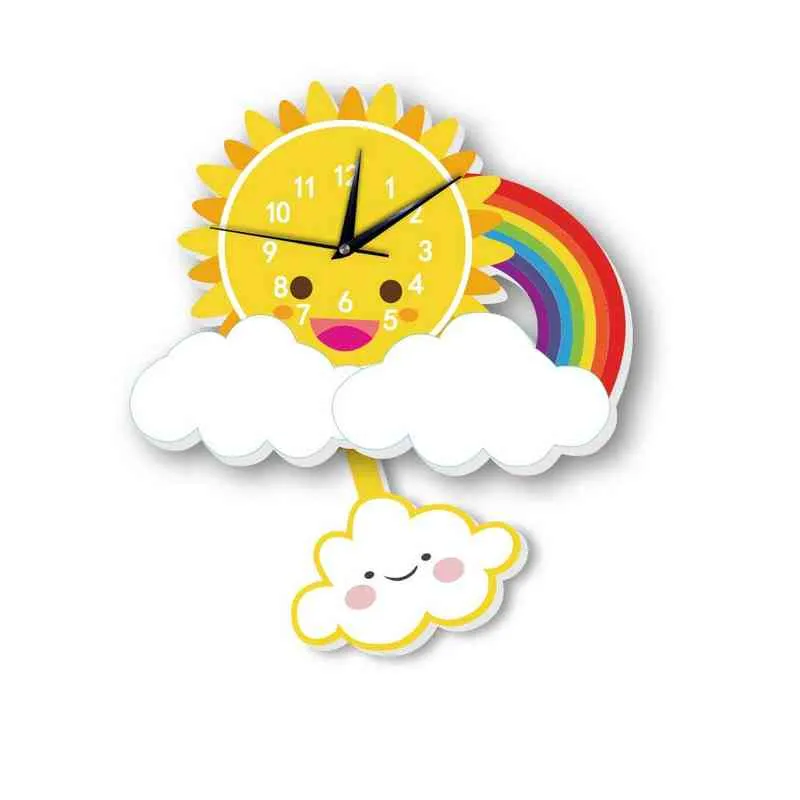 Pendeluhren Kinder-Wanduhr für Kinderzimmer, Regenbogen-Cartoon, Sonne, Slient, Wolke, Uhr, Arbeitszimmer, Wohnzimmer, Dekoration, Heimdekoration, H1230