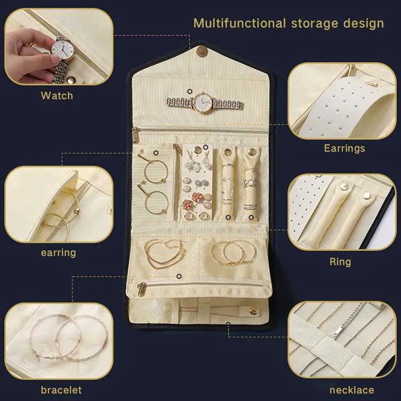 Складные ювелирные изделия Ящик для хранения Серьги кольцо ожерелье чехол путешествия драгоценностей мешок газеток Организатор Roll контейнер 210922