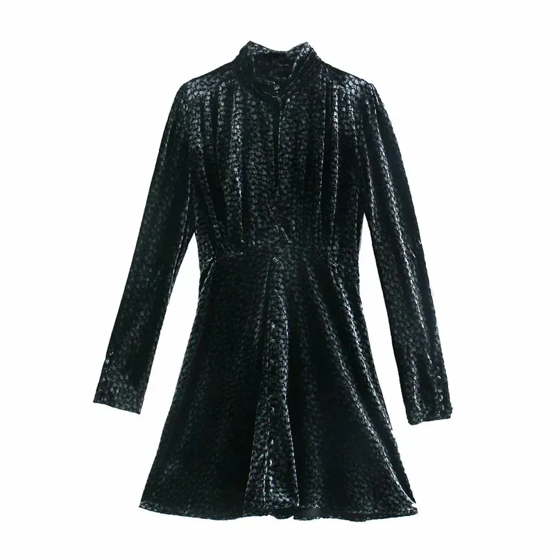 冬の黒いベルベットのドレス女性ビンテージハイネック長袖ミニES女性チェストスリットセクシーな優雅なパーティー210519