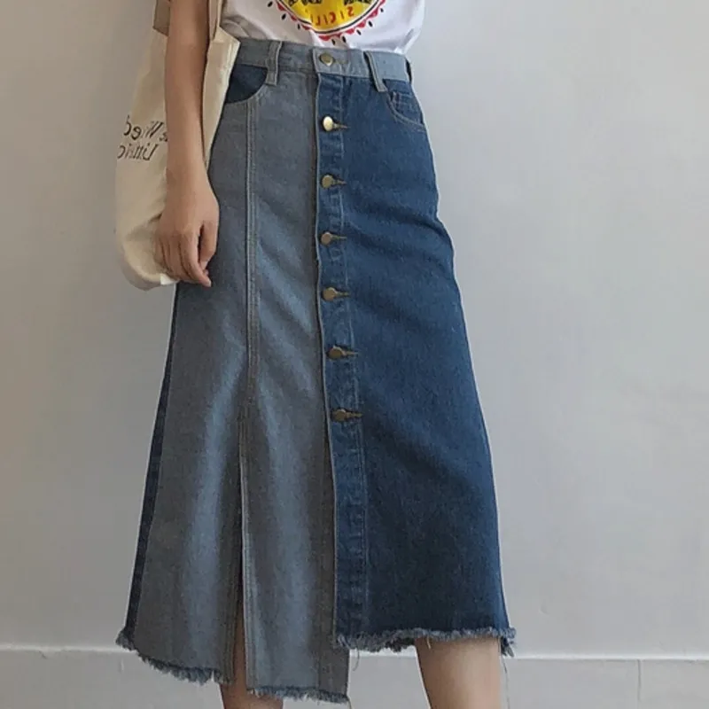 Frühling Nähte Kontrast Farbe Trend Damen Denim Rock Koreanische Große Größe Einreiher Design Untere Kleidung 210510