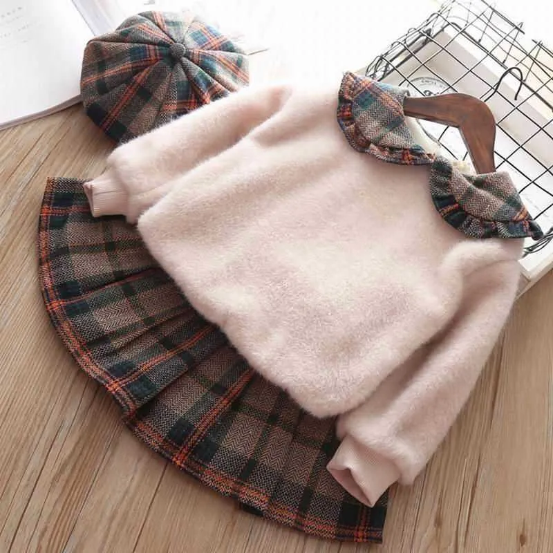 Girl Winter Clothes Thick Girls Outfits Peter Pan collar Hoodie+plaid pleated skirt+hat E84088 210610