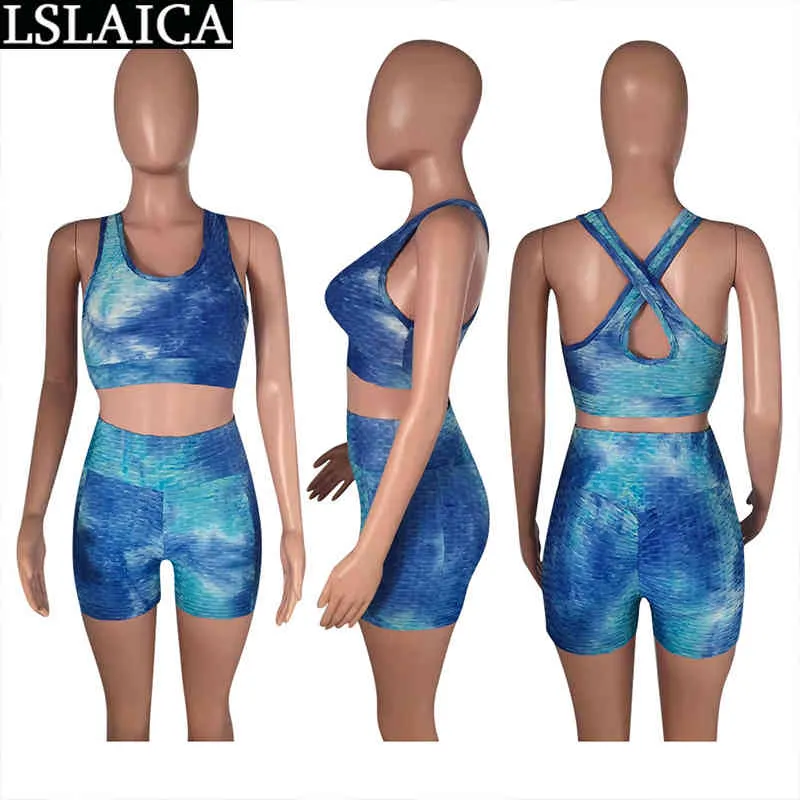 Clothing Sets Blue Pineapple Cloth Crop Top Short Pants Summer Sport Suit for Women Fitness Running Womens Outfits 210520