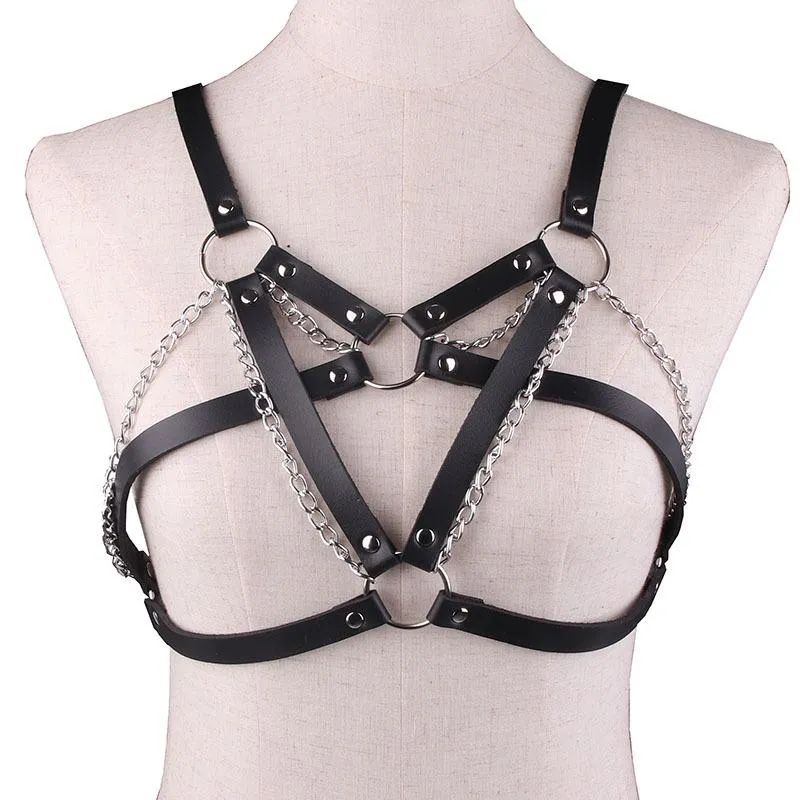 Goth couro corpo arnês correntes de metal colar feminino sutiã superior peito corrente cinto bruxa gótico punk moda menina festival jóias236o