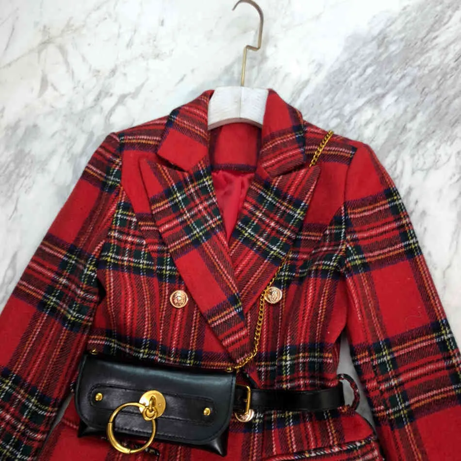 Robe de blazer à carreaux rouges libres de style, revers de mode à double poivrage à double boutonnage, sac de taille 210524