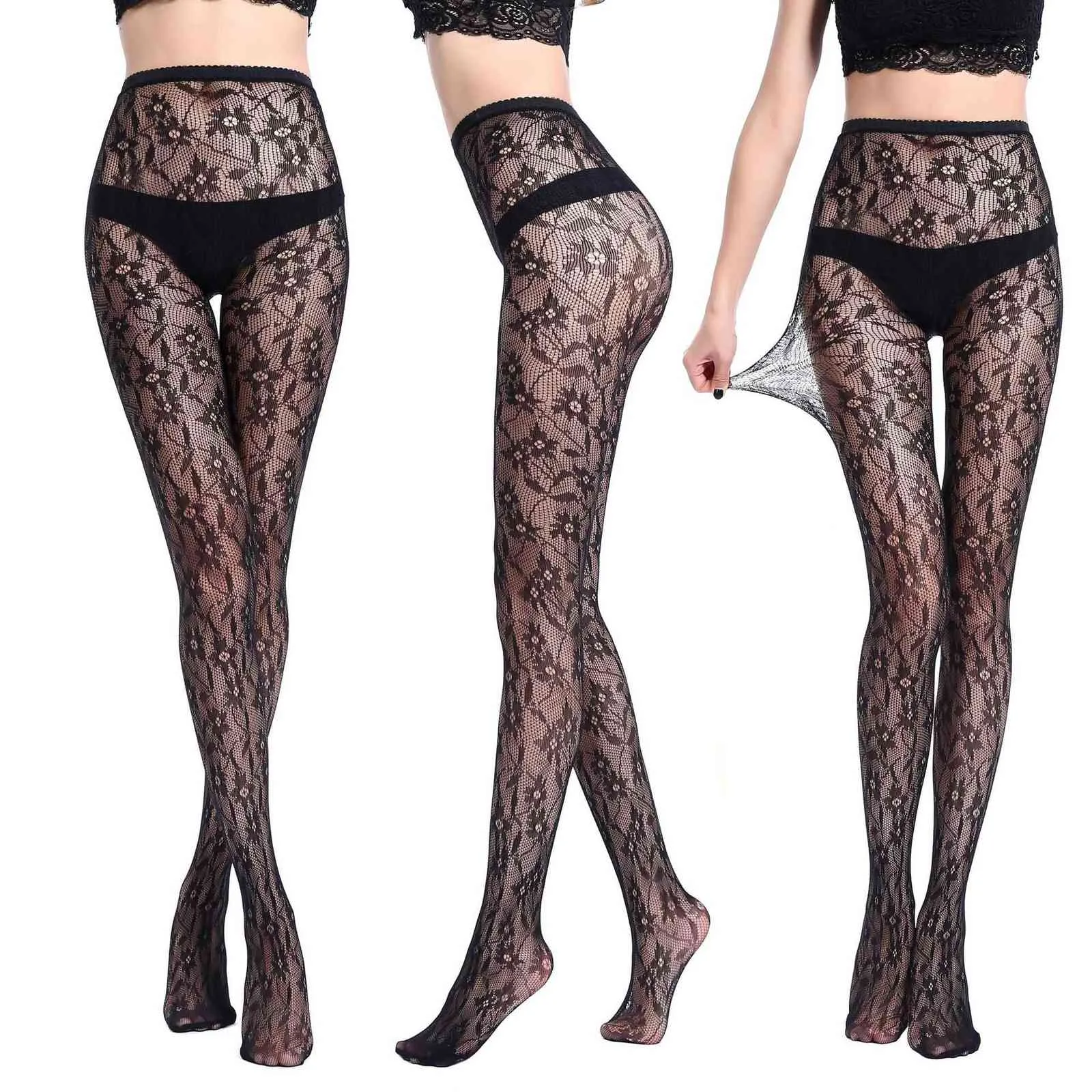 HOT Black Lace Stockings Leg Warmers Tights Lace Sexy Hosiery Women Thigh High Fishnet Embroidery Transparent Pantyhose X0521