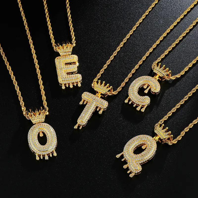 Crown Bail Drip Initialen Blase Buchstaben Halsketten Anhänger Iced Out Kubikzircon Für Männer Frauen Hip Hop Schmuck