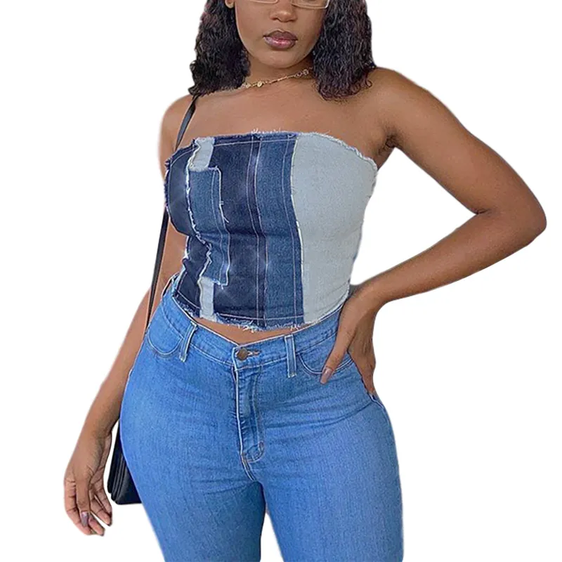 Mulheres tubo tops costurando cor patchwork sem mangas sem costura lace-up slim encaixar verão 210522