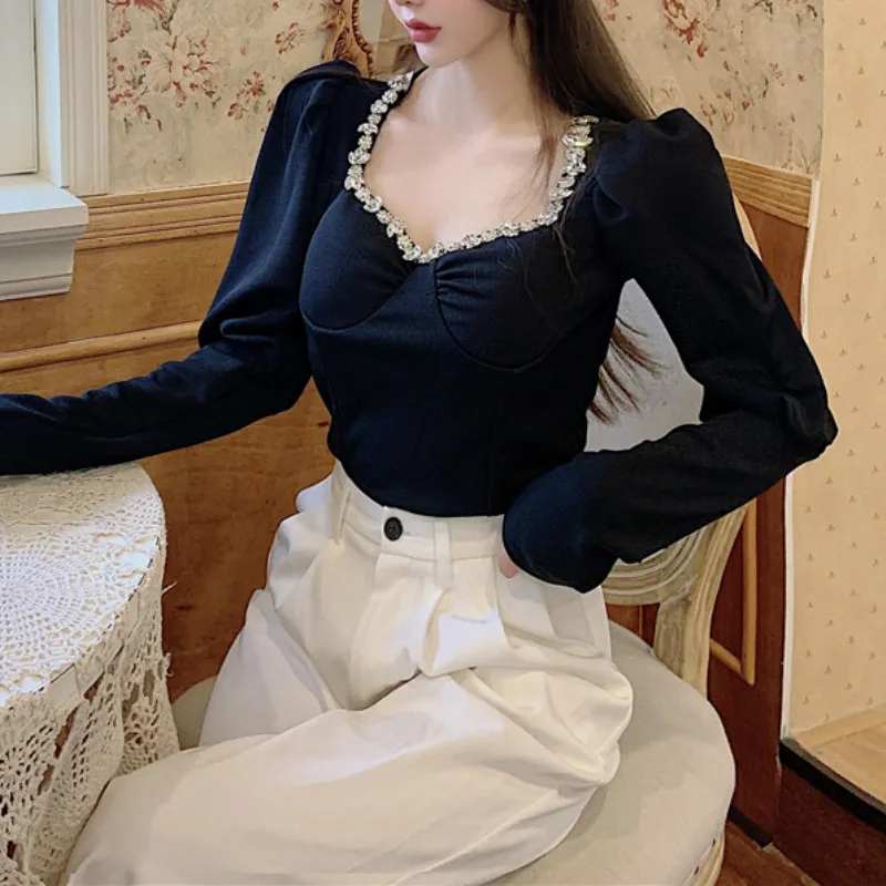 EzGaga estilo francês mulheres sexy tops chic squre colarinha moda longa manga de sopro elegante camisas senhoras casuais tops 210430