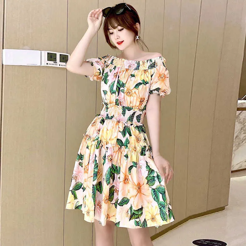 Verão Desenhador de Runway Moda Mulheres Manga Curta Floral Imprimir Pescoço Mini Dress Bohemian Beach Férias Robe Vestidos 210601