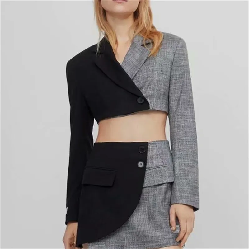 Elegante Frauen Kerb Kragen Blazer Mode Damen Patchwork Jacke Streetwear Weibliche Chic Kurze Mäntel Sexy Mädchen Mantel 210427