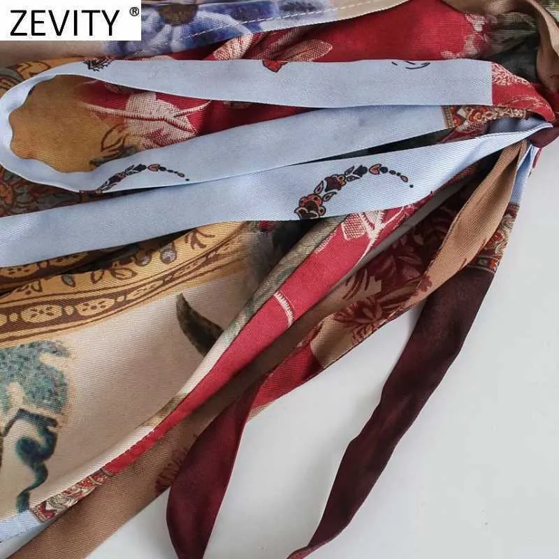 Zevity Women Vintage Cross V Neckduk Patchwork Print Kimono Midi Klänning Kvinna Chic Casual Slim Lace Up Vestidos DS8115 210603