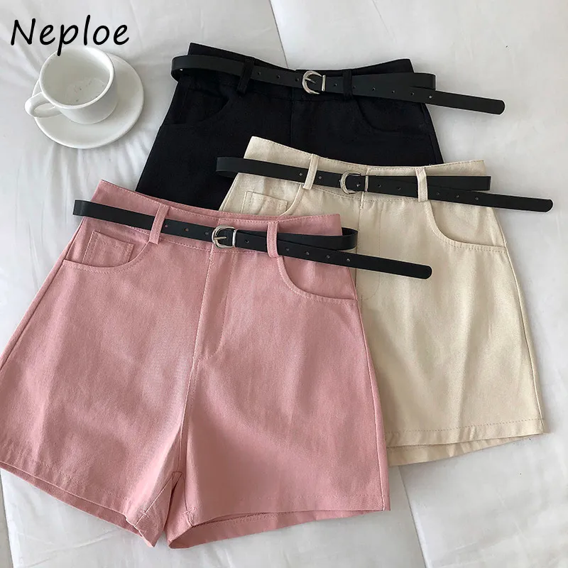 Neploe High Waist Hip Sashes Shorts Women Pocket Design Solid Summer Outwear Shorts Feminino Simple Soft All Match 210510