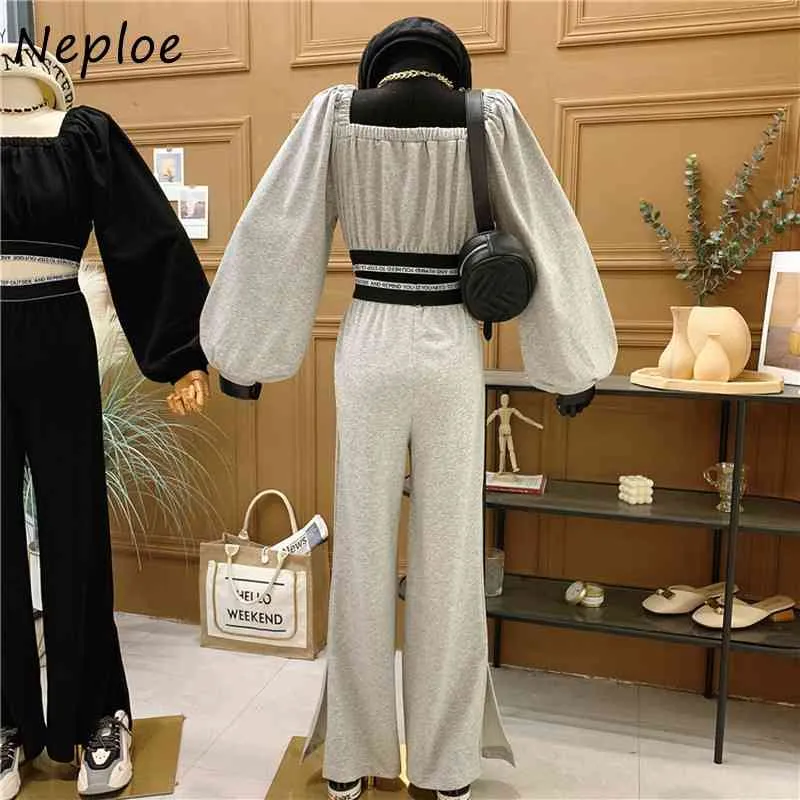 Neploe Loose Causal Slim Women Set Slash Neck Shoulder Strapless Long Sleeve Top + High Waist Hip Straight Pant Solid Suit 210423