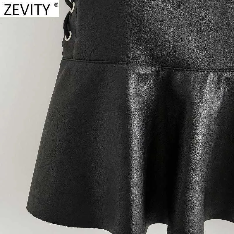 ZEVITY Kadınlar Vintage Yan Dantel Up Pu Deri Bir Çizgi Etek Faldas Mujer Kadın Geri Fermuar Chic Hem Ruffles Vestidos Qun709 210603