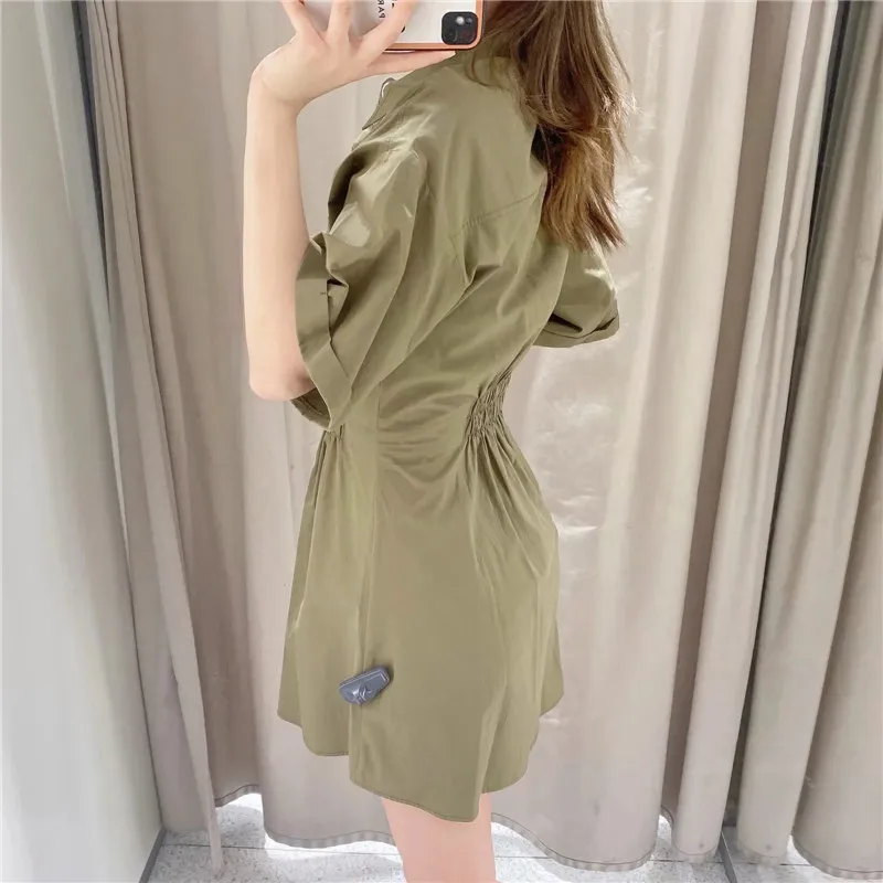 Army Green Mini Shirt Dress Women Summer Button Up Short Sleeve Woman Elastic Waist Casual es 210519