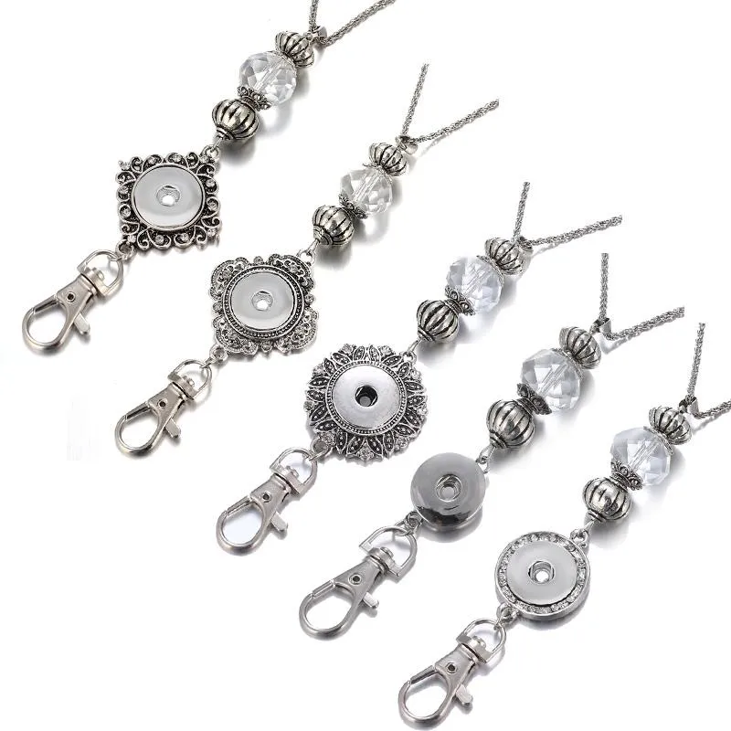Colliers pendants fleurs Crystal Lanyard ID rétractable Badge Reel Téléphone Héditeur Snap Collier 60cm Fit 18 mm Boutons Jewelry225o