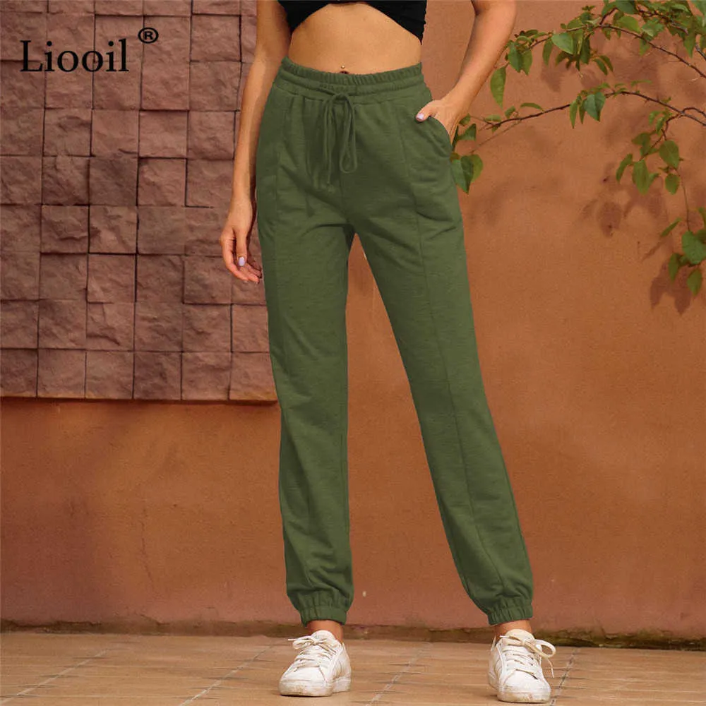Liooil 2021 alta cintura sweatpants sweetpants sexy calça com bolsos streetwear cordão casual bolinhos soltos calças de suor feminino q0801