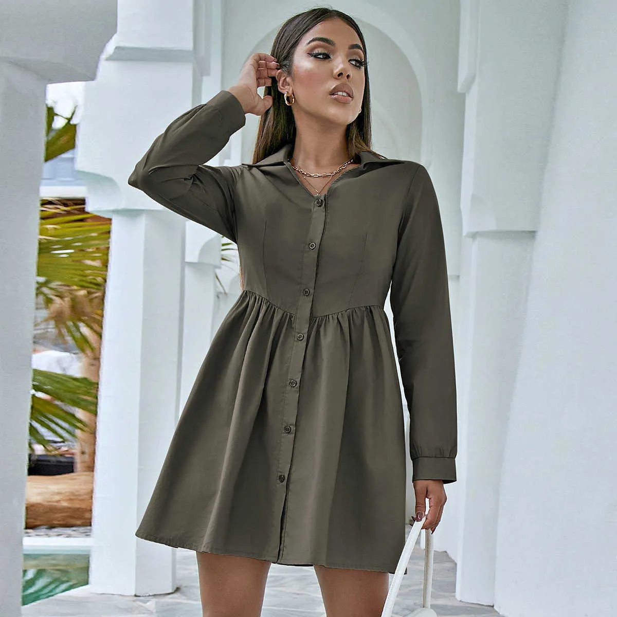 Solid Color Single-Breasted Shirts Blouses Spring Fall Sale Long Sleeve Elegant Work Wear A-Line Casual Women Dresses 210525