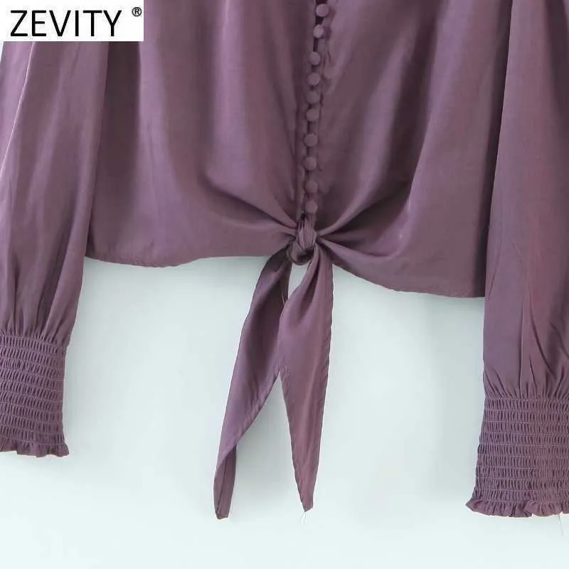 Zevity Women Vintage Vネックシングルブレストヘムナンキングショートシャツ女性パフスリーブブラウスRoupasシックな化学TOPS LS9092 210603