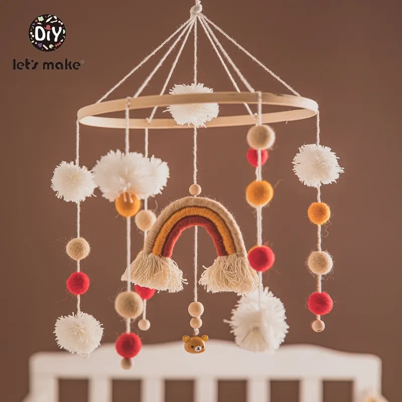Let's Make Silicone Beads Baby Mobile Beech Wood Bird Rattles Wool Balls Kid Room Bed Hanging Decor Nursing Children Product 210320