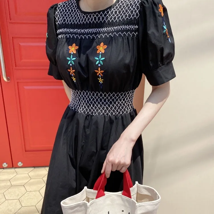 chic embroidery waist elegant dress female mid-sleeve mid-length skirt summer Korean fashion women's clothing 210520